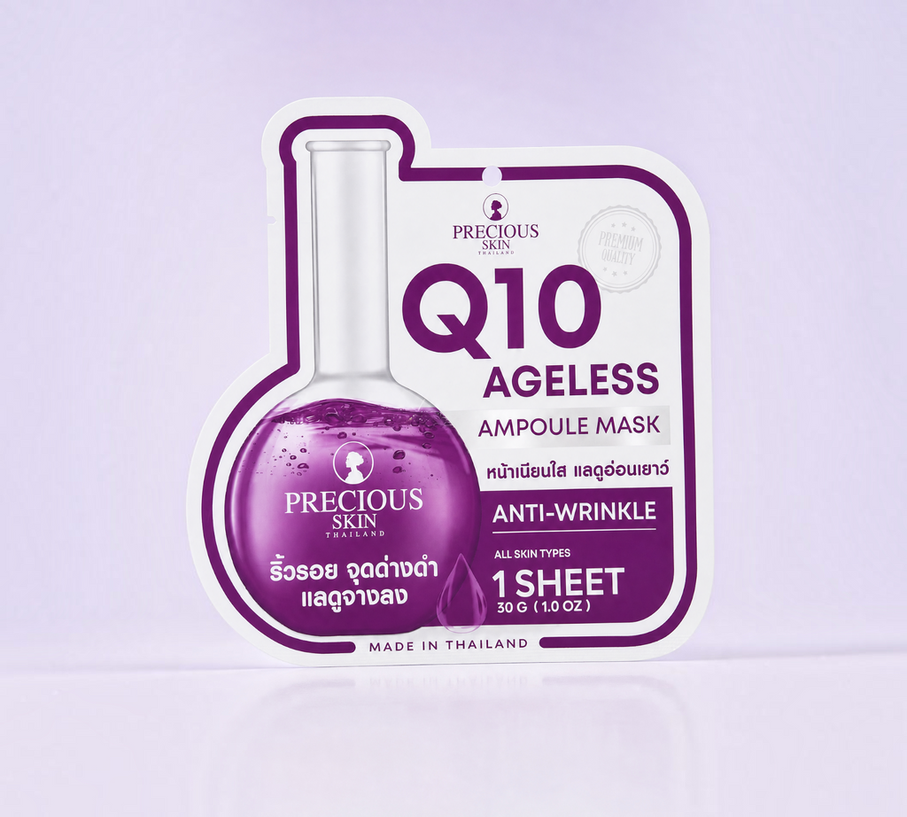 Thai Ranee Precious Skin Q10 Ageless Ampoule Mask in a purple flask-shaped sachet for anti-wrinkle skincare.