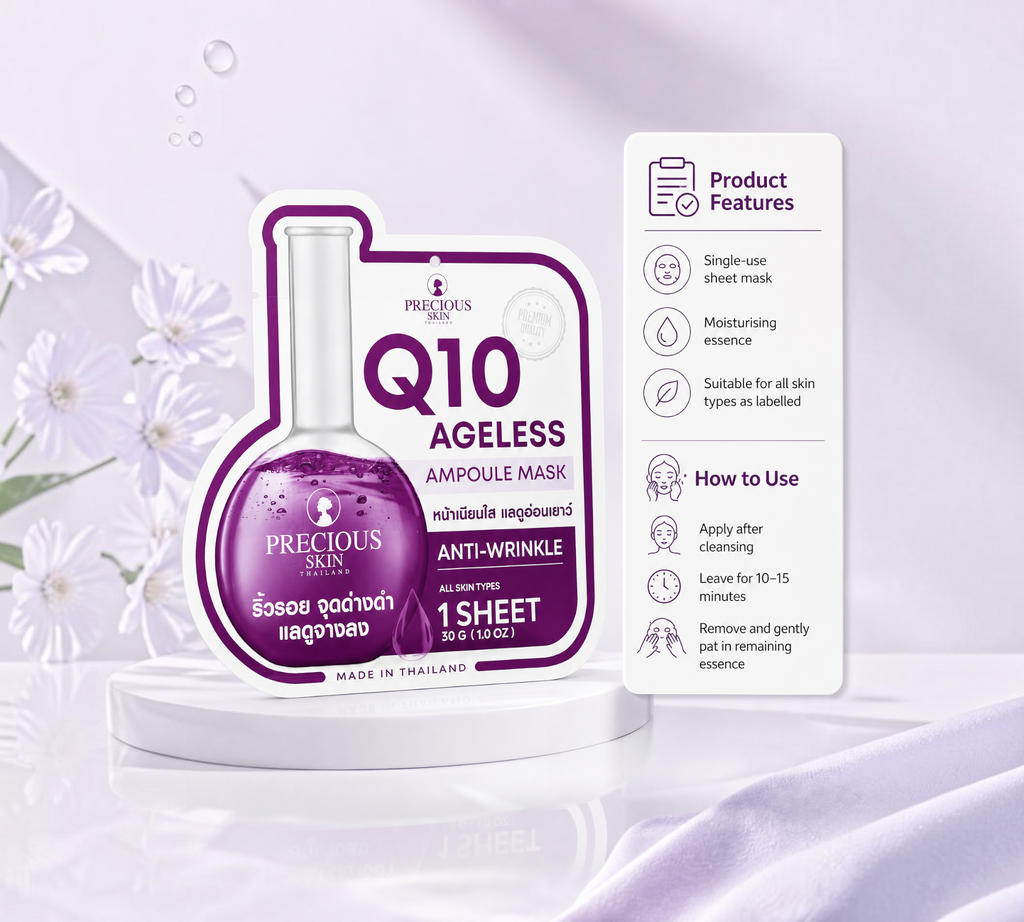 Thai Ranee Precious Skin Q10 Ageless Ampoule Mask, a single-use anti-wrinkle facial sheet mask with moisturising essence