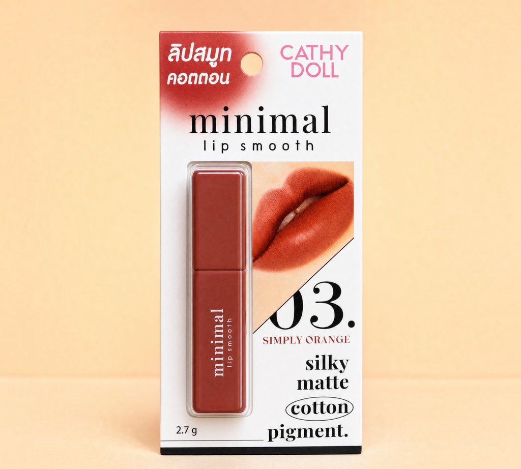 Thai Ranee Cathy Doll Minimal Lip Smooth in 03 Simply Orange, a silky matte lipstick with a compact design.