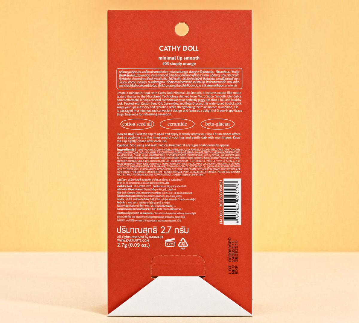 Thai Ranee Cathy Doll Minimal Lip Smooth #03 Simply Orange packaging back view with ingredient and usage details