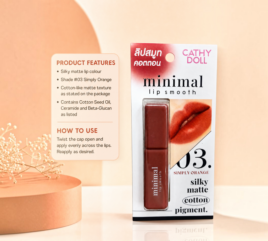 Thai Ranee Cathy Doll Minimal Lip Smooth in #03 Simply Orange, a silky matte lipstick with cotton-like texture.