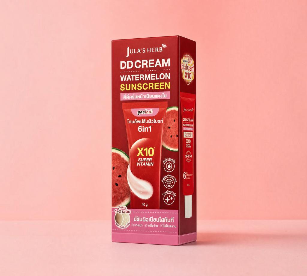 Thai Ranee Jula’s Herb DD Cream Watermelon Sunscreen SPF50 PA+++ in a red box and tube with watermelon imagery.