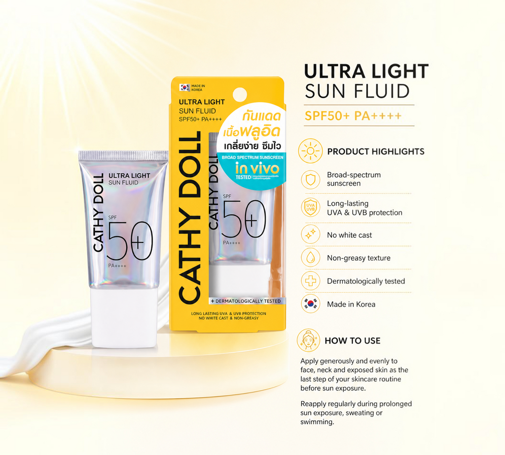 Thai Ranee Cathy Doll Ultra Light Sun Fluid SPF50+ PA++++ facial sunscreen in a 15ml tube with product benefits
