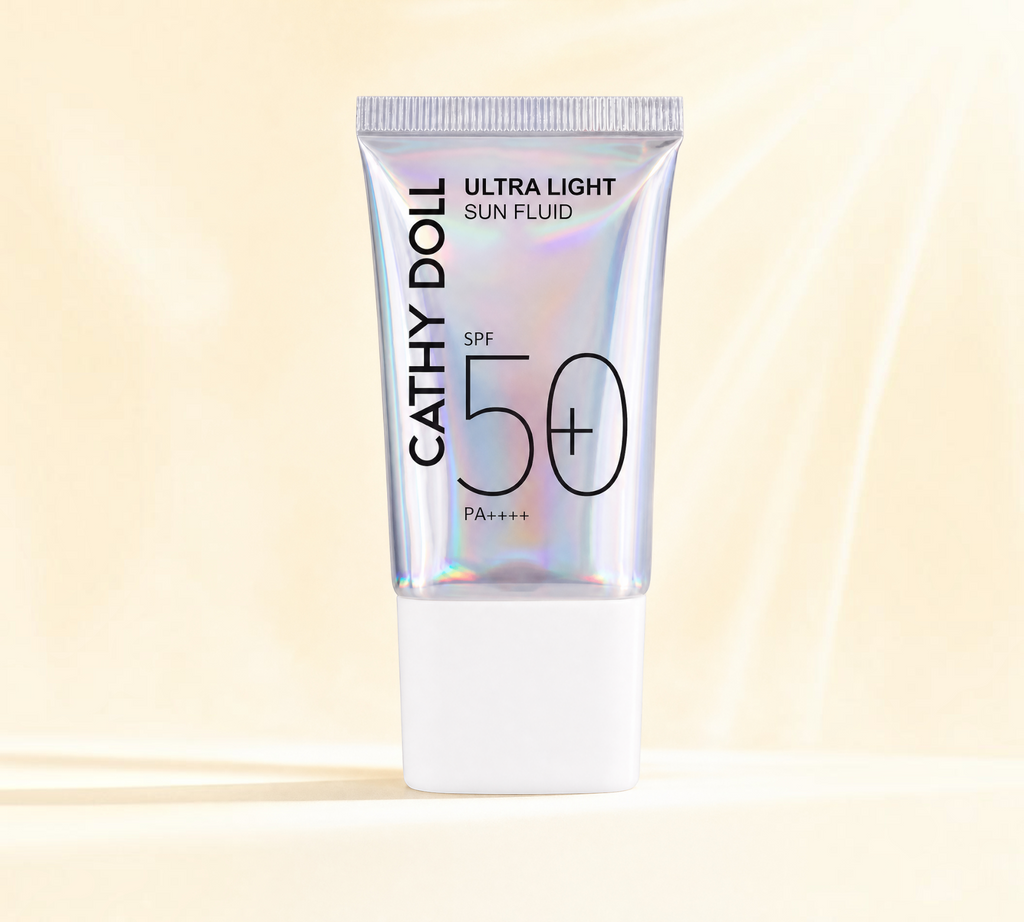 Thai Ranee Cathy Doll Ultra Light Sun Fluid SPF50+ PA++++ in a holographic tube on a soft beige background.