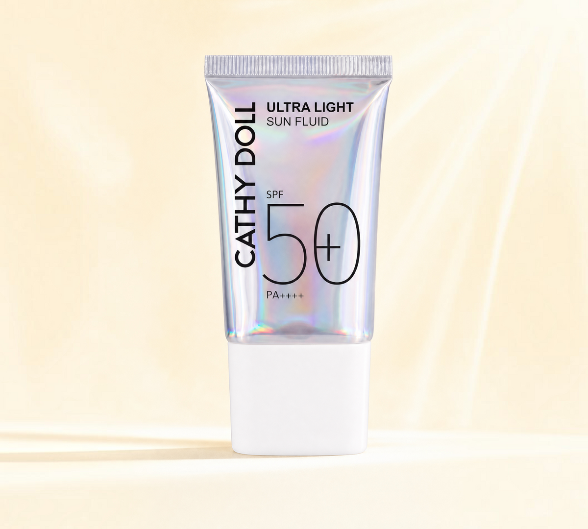 Thai Ranee Cathy Doll Ultra Light Sun Fluid SPF50+ PA++++ in a holographic tube on a soft beige background.