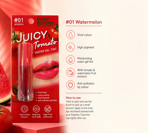 Thai Ranee Baby Bright Juicy Tomato Water Gel Tint in #01 Watermelon, a vibrant red moisturising lip stain.