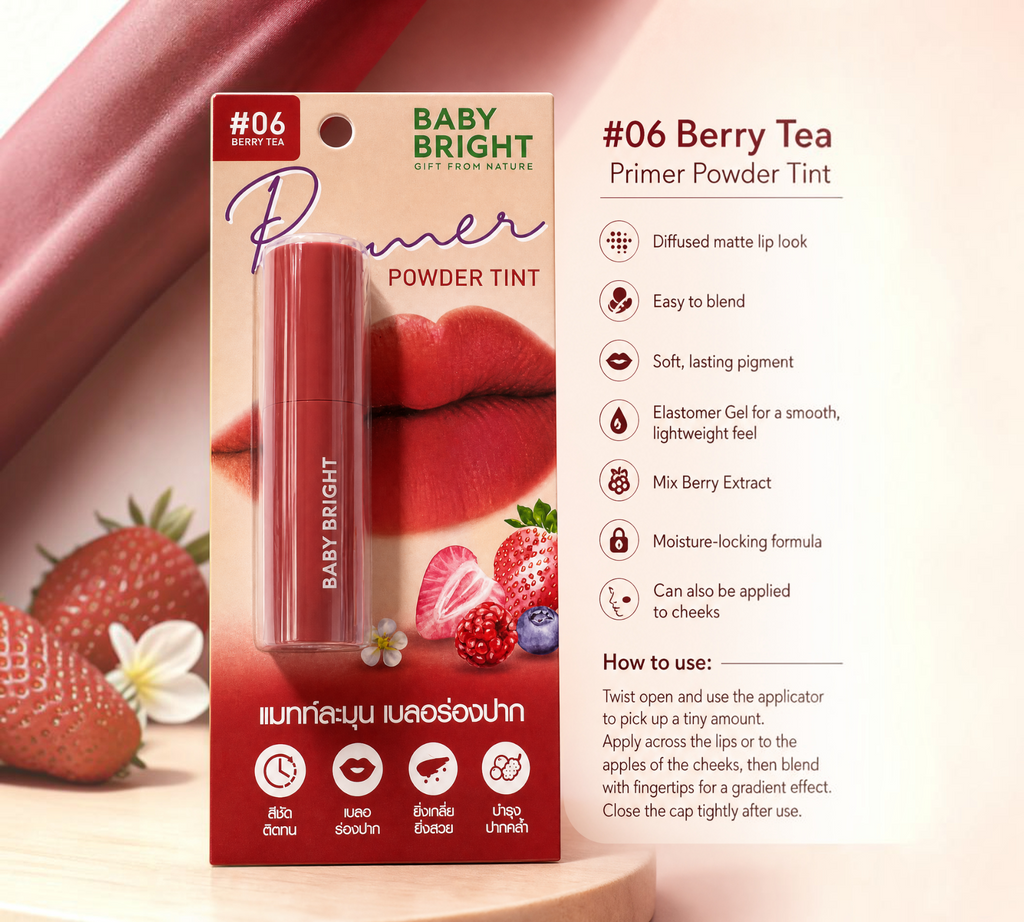 Thai Ranee Baby Bright Primer Powder Tint in #06 Berry Tea, a soft matte lip and cheek tint with berry extracts.