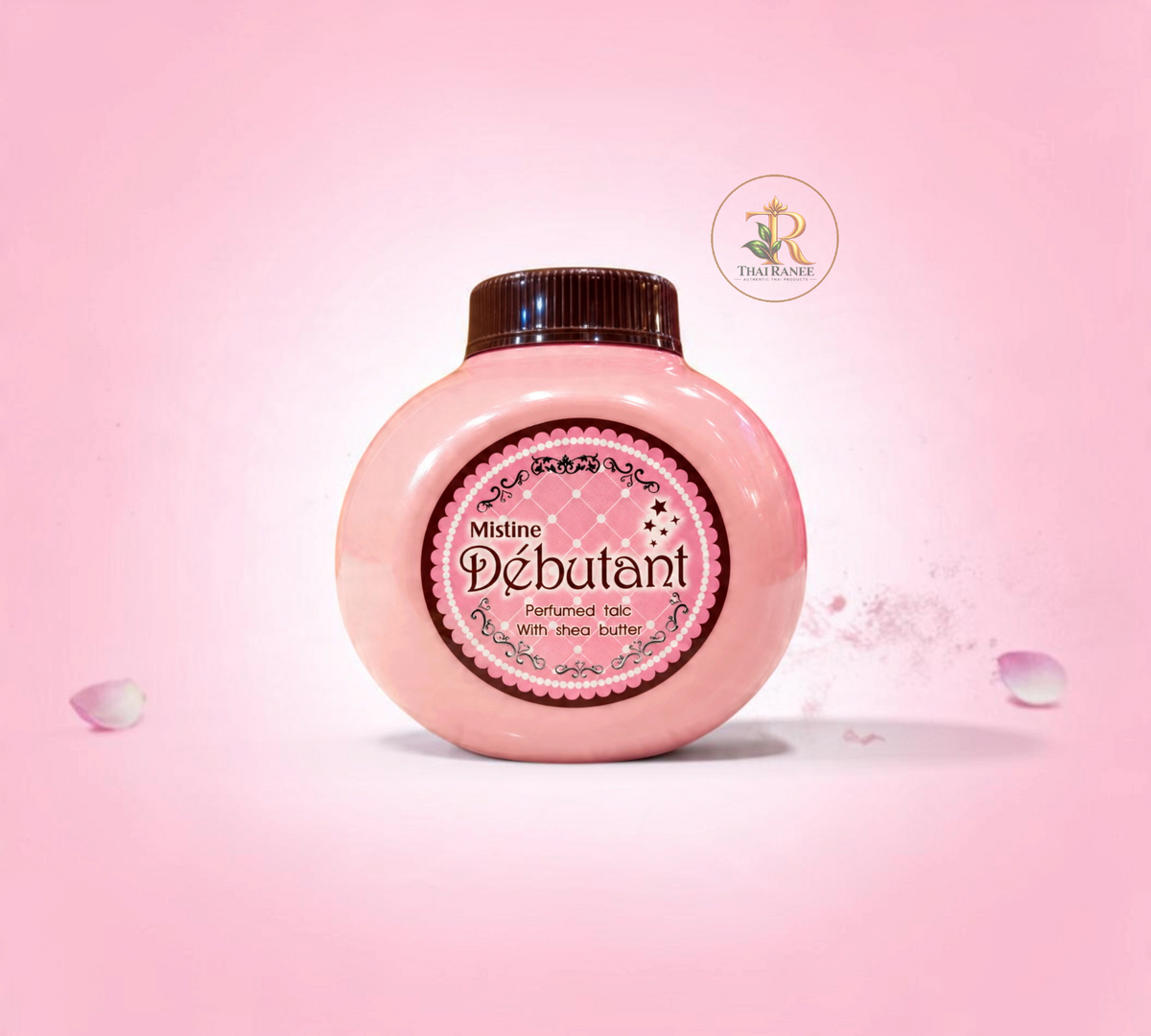 Thai Ranee Mistine Debutant perfumed talc in a round pink bottle with shea butter and fruity floral fragrance