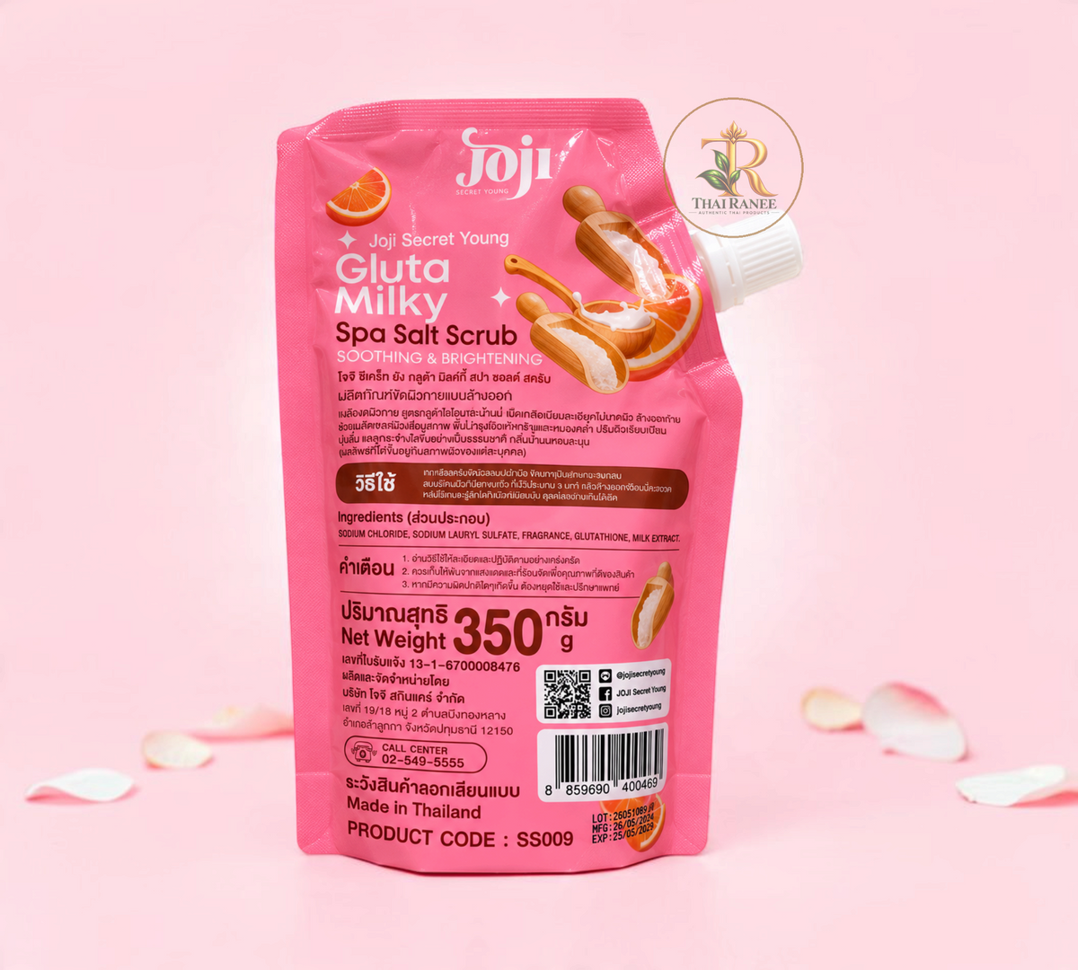 Thai Ranee Joji Secret Young Gluta Milky Spa Salt Scrub in a pink pouch for soothing and brightening skin.