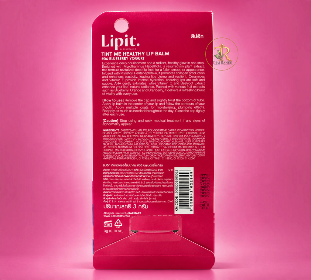 Thai Ranee Lipit. by Nisamanee Tint Me Healthy Lip Balm #06 Blueberry Yogurt packaging back view with ingredients