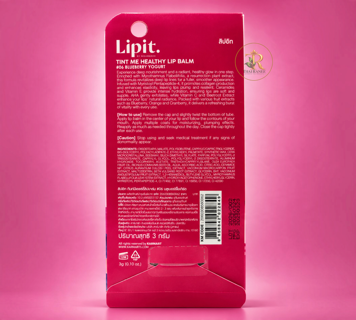 Thai Ranee Lipit. by Nisamanee Tint Me Healthy Lip Balm #06 Blueberry Yogurt packaging back view with ingredients