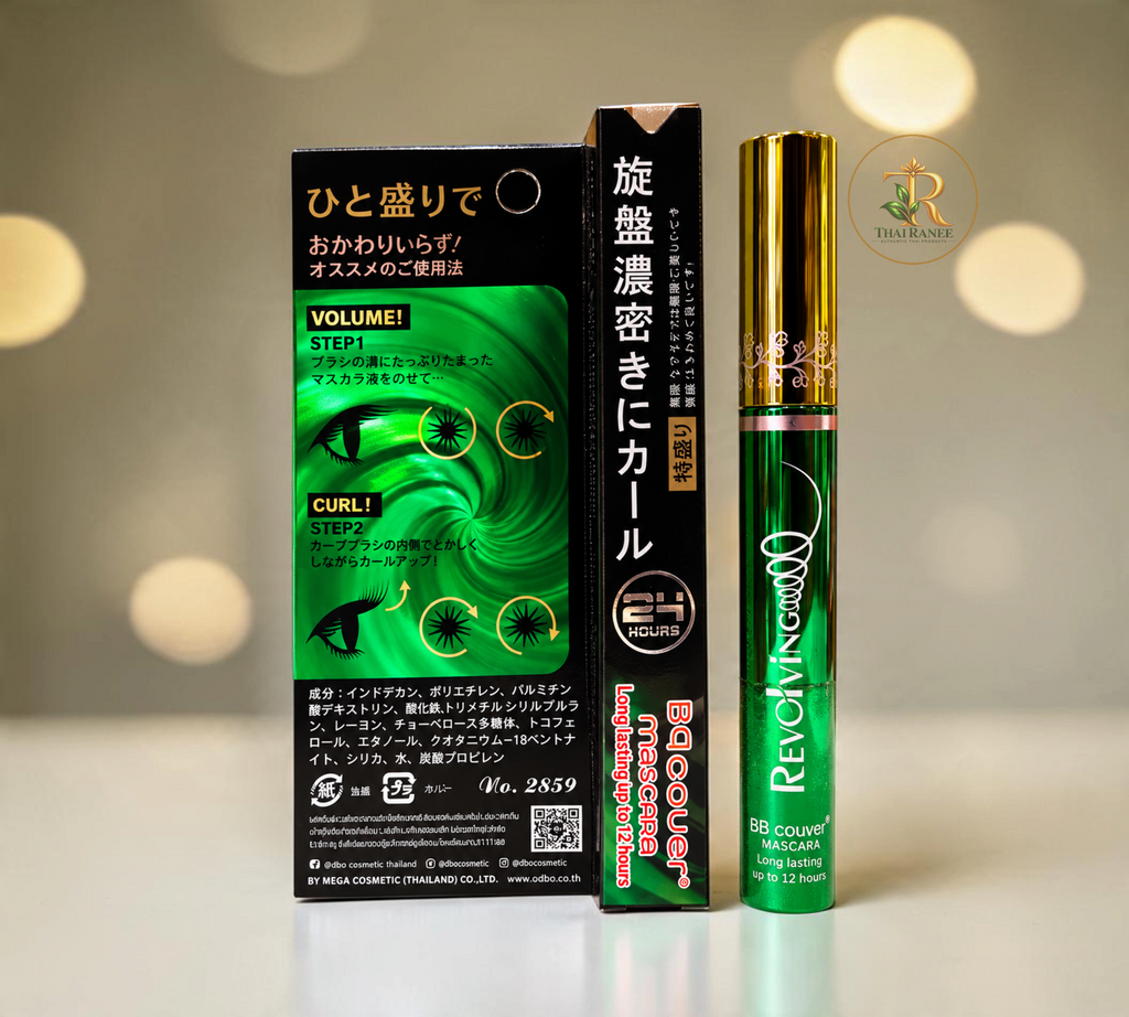Thai Ranee BQ Cover black mascara with a revolving brush for volume and curl, shown with its green and black box.