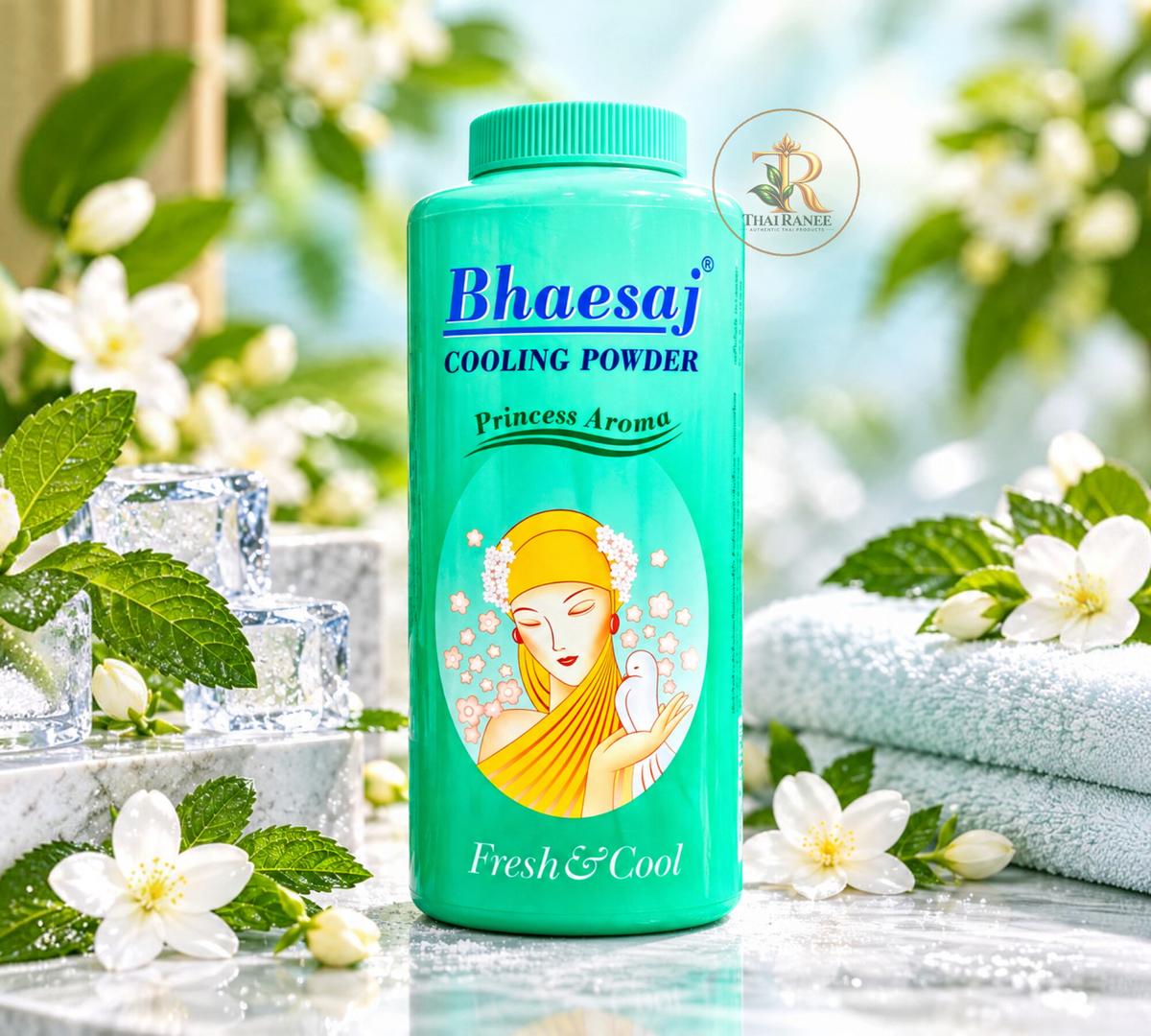 Thai Ranee Bhaesaj Cooling Powder Princess Aroma in a green bottle with floral and mint accents for fresh skin