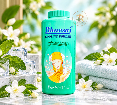 Thai Ranee Bhaesaj Cooling Powder Princess Aroma in a green bottle with floral and mint accents for fresh skin