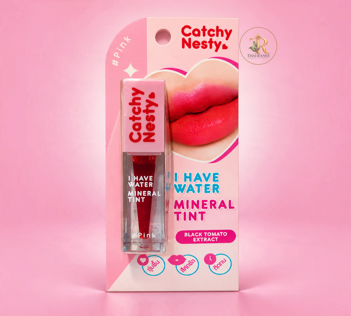 Thai Ranee Catchy Nesty I Have Water Mineral Tint in pink, a hydrating water-based lip and cheek stain with extracts.