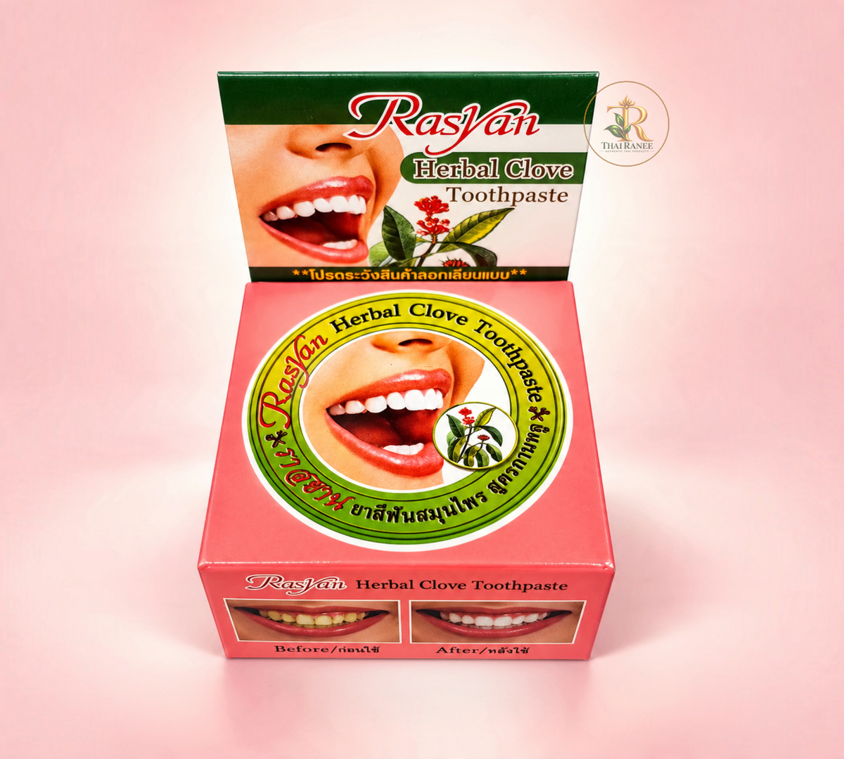 Thai Ranee Rasyan herbal clove toothpaste in a 25g pink box featuring before and after teeth whitening results