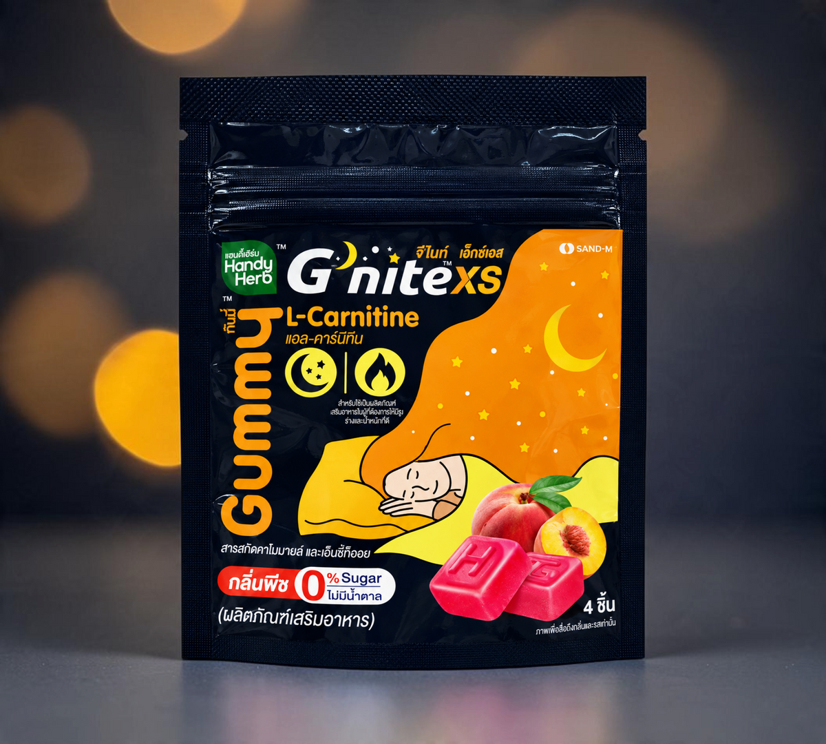 Thai Ranee HandyHerb G'nite XS peach-flavoured sugar-free L-carnitine dietary supplement gummies in a 4-piece pack