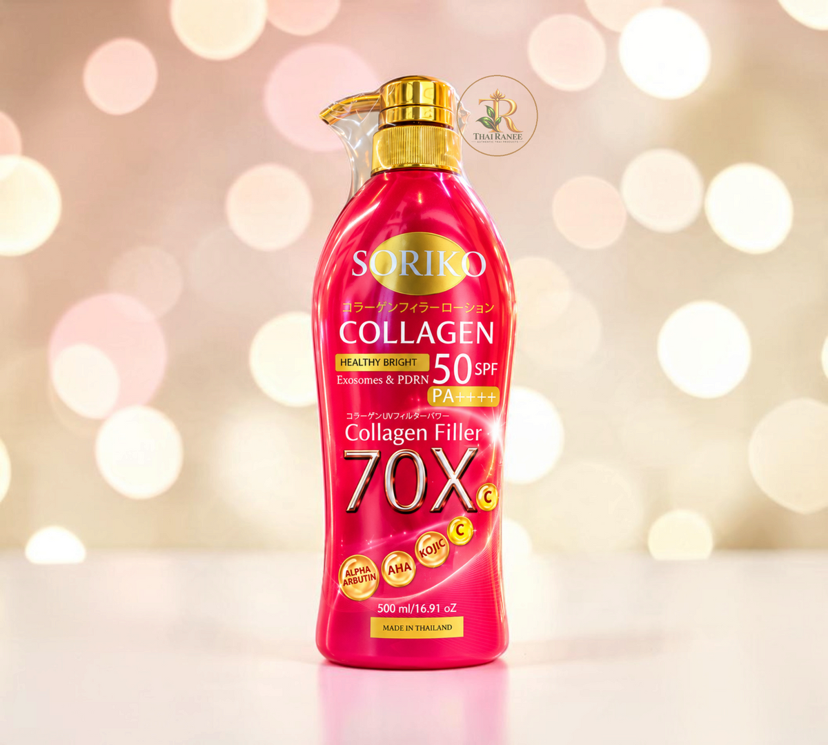 Thai Ranee SORIKO Collagen Healthy Bright Lotion with SPF 50 PA++++ in a 500ml pink pump bottle