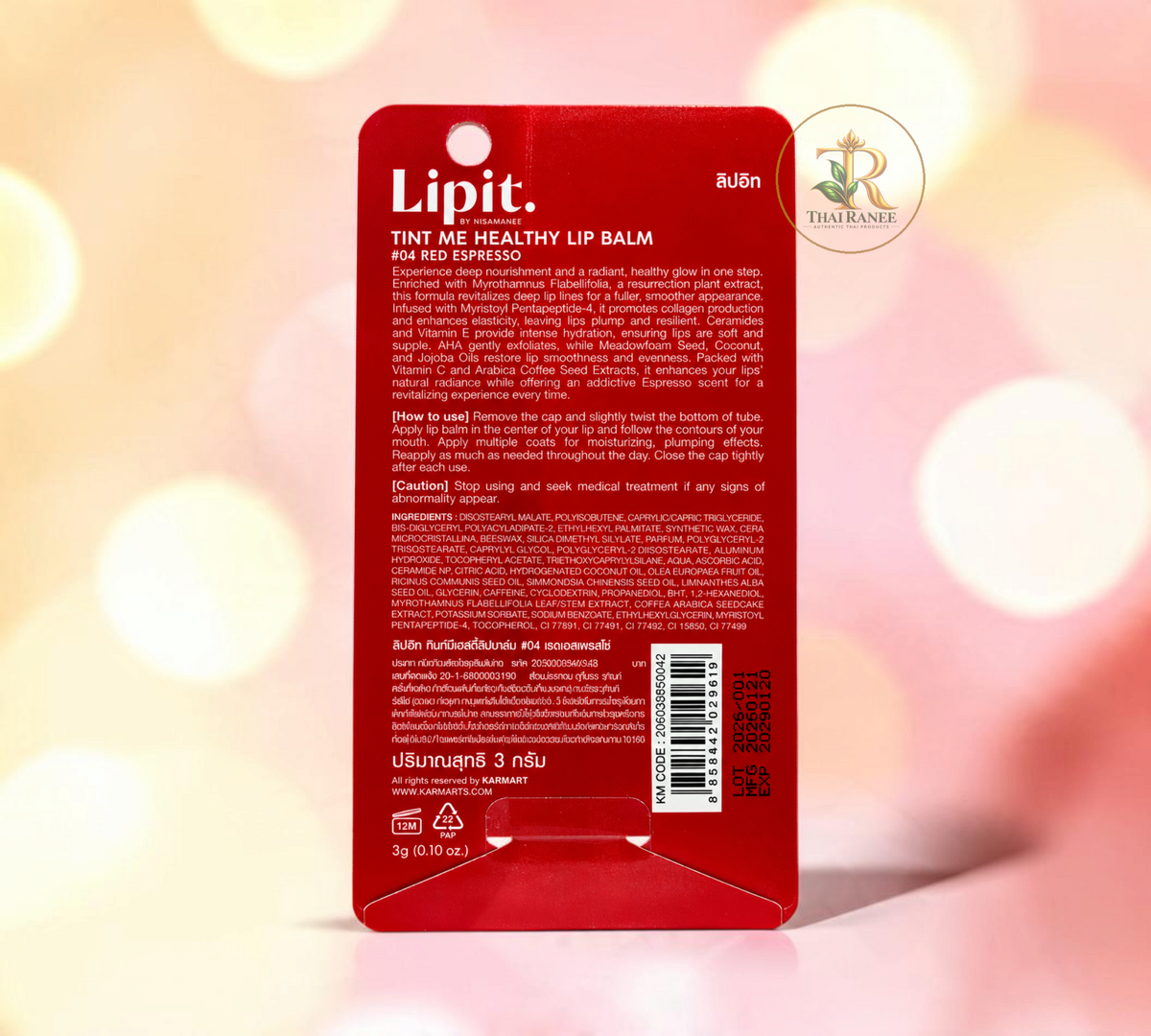 Thai Ranee Lipit. by Nisamanee Tint Me Healthy Lip Balm in #04 Red Espresso packaging back view with ingredients list
