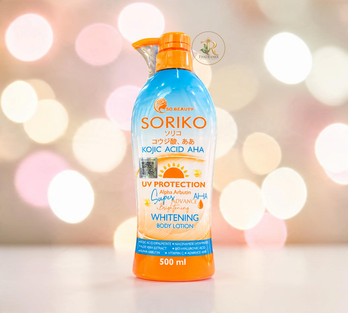 Thai Ranee SORIKO Kojic Acid AHA whitening body lotion in a 500ml blue and orange pump bottle for skin brightening.