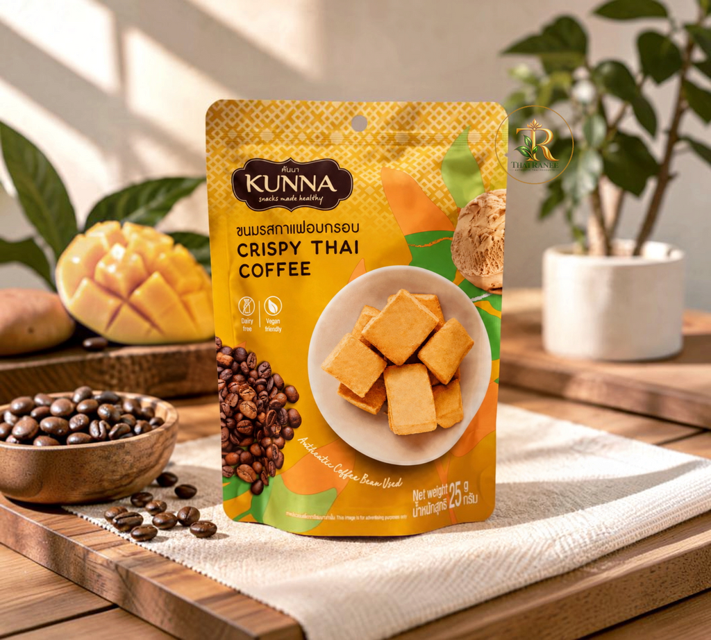 Thai Ranee KUNNA Crispy Thai Coffee snack in a yellow pouch with coffee beans and crispy coconut coffee squares