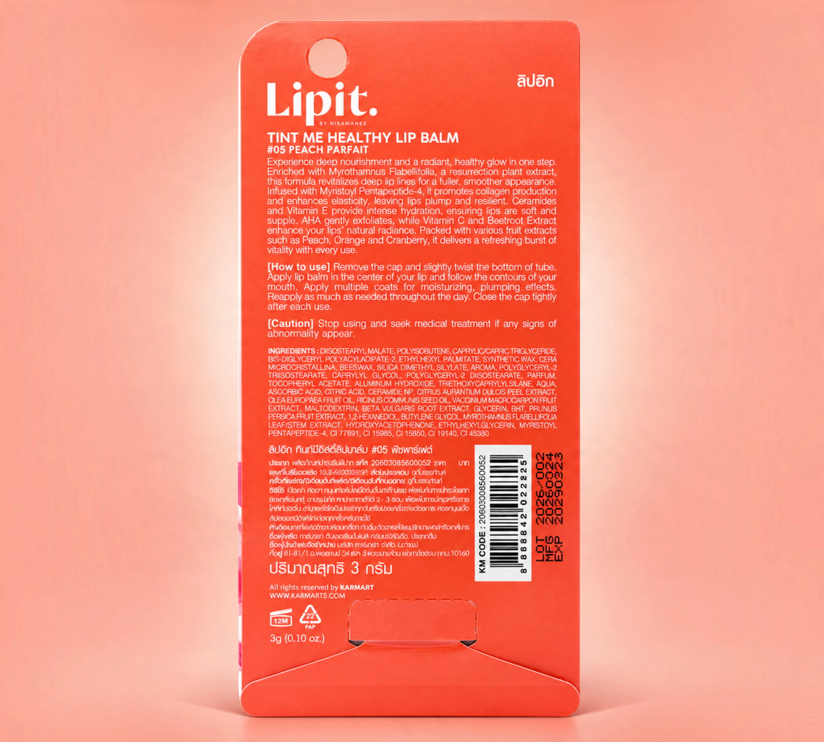 Thai Ranee Lipit. by Nisamanee Tint Me Healthy Lip Balm #05 Peach Parfait packaging back view with product details.