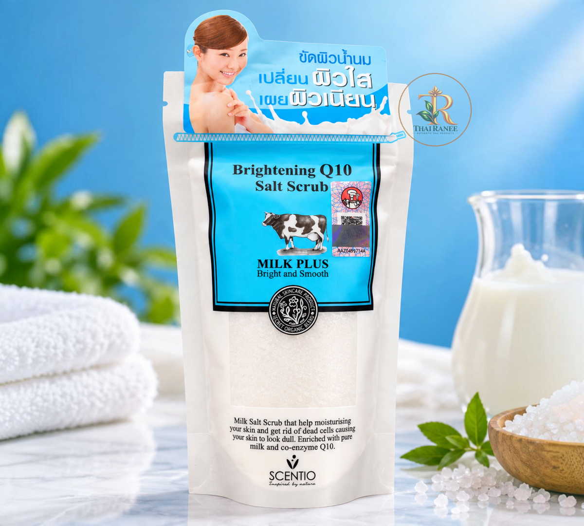Thai Ranee Scentio Milk Plus Brightening Q10 Salt Scrub in a 300g pouch for smooth and radiant skin.