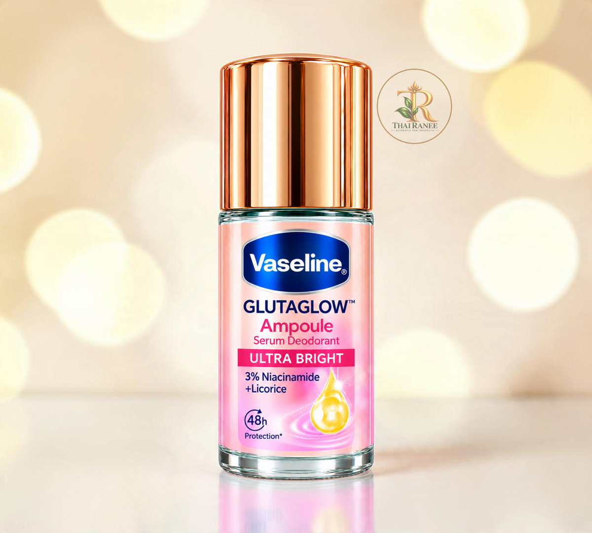 Thai Ranee Vaseline GlutaGlow Ultra Bright roll-on deodorant with niacinamide and licorice in a 45ml glass bottle