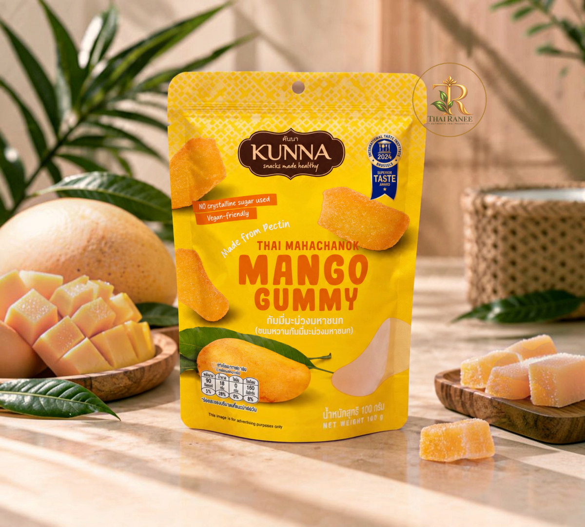 Thai Ranee KUNNA Thai Mahachanok mango gummy snack in yellow packaging with vegan-friendly pectin fruit candy