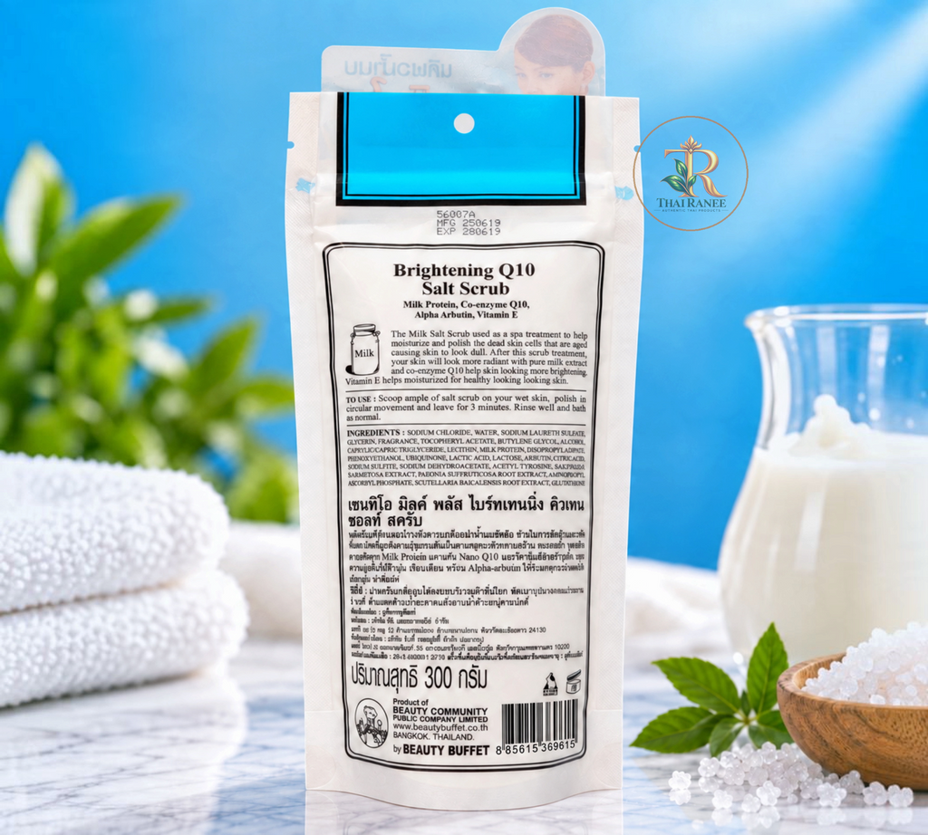 Thai Ranee Scentio Milk Plus Brightening Q10 Salt Scrub 300g pouch with milk protein and vitamin E for smooth skin