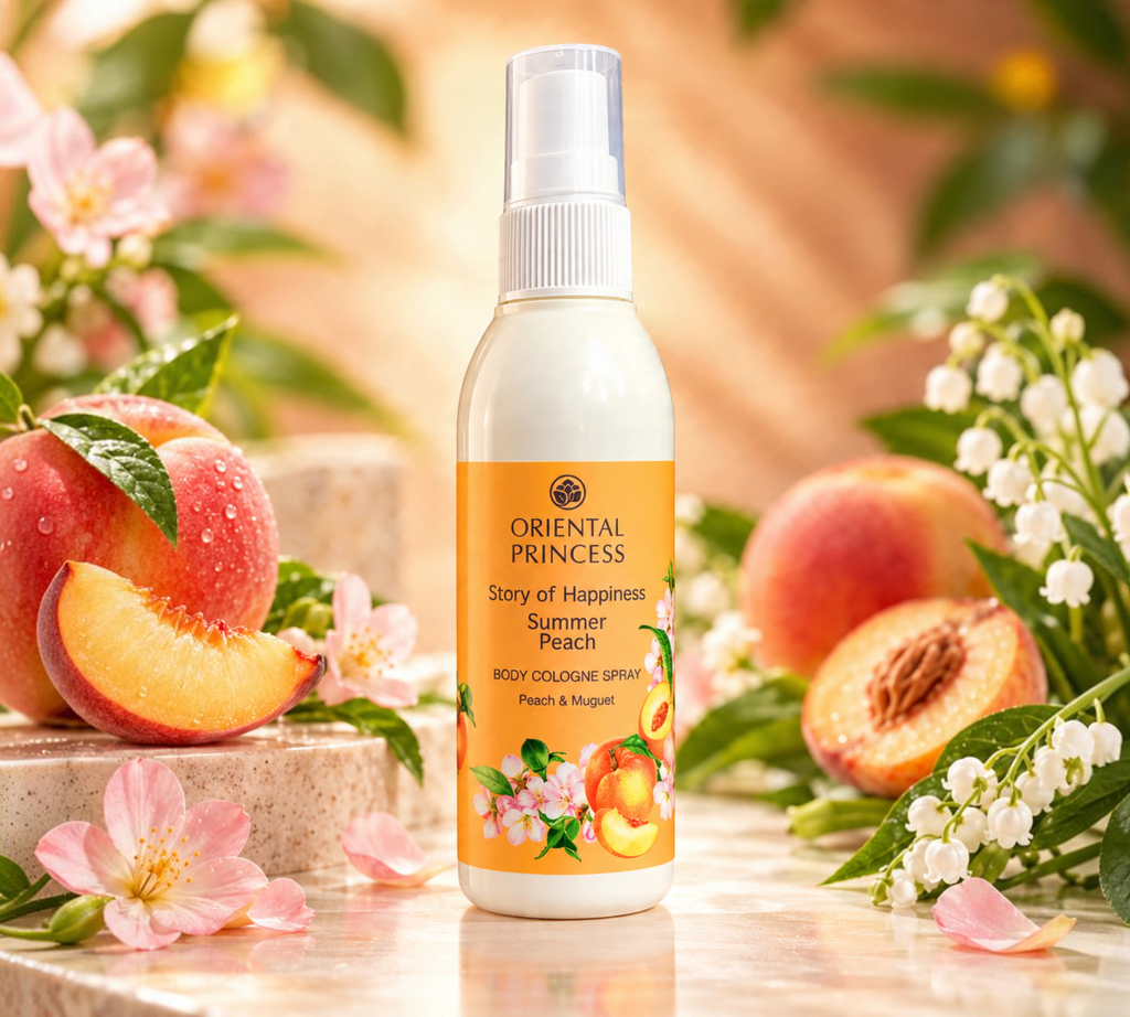 Thai Ranee Oriental Princess Summer Peach body cologne spray with notes of pear and muguet in a 100ml bottle