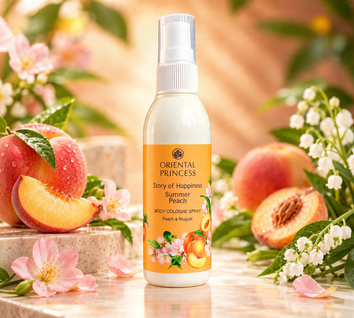 Thai Ranee Oriental Princess Summer Peach body cologne spray with notes of pear and muguet in a 100ml bottle