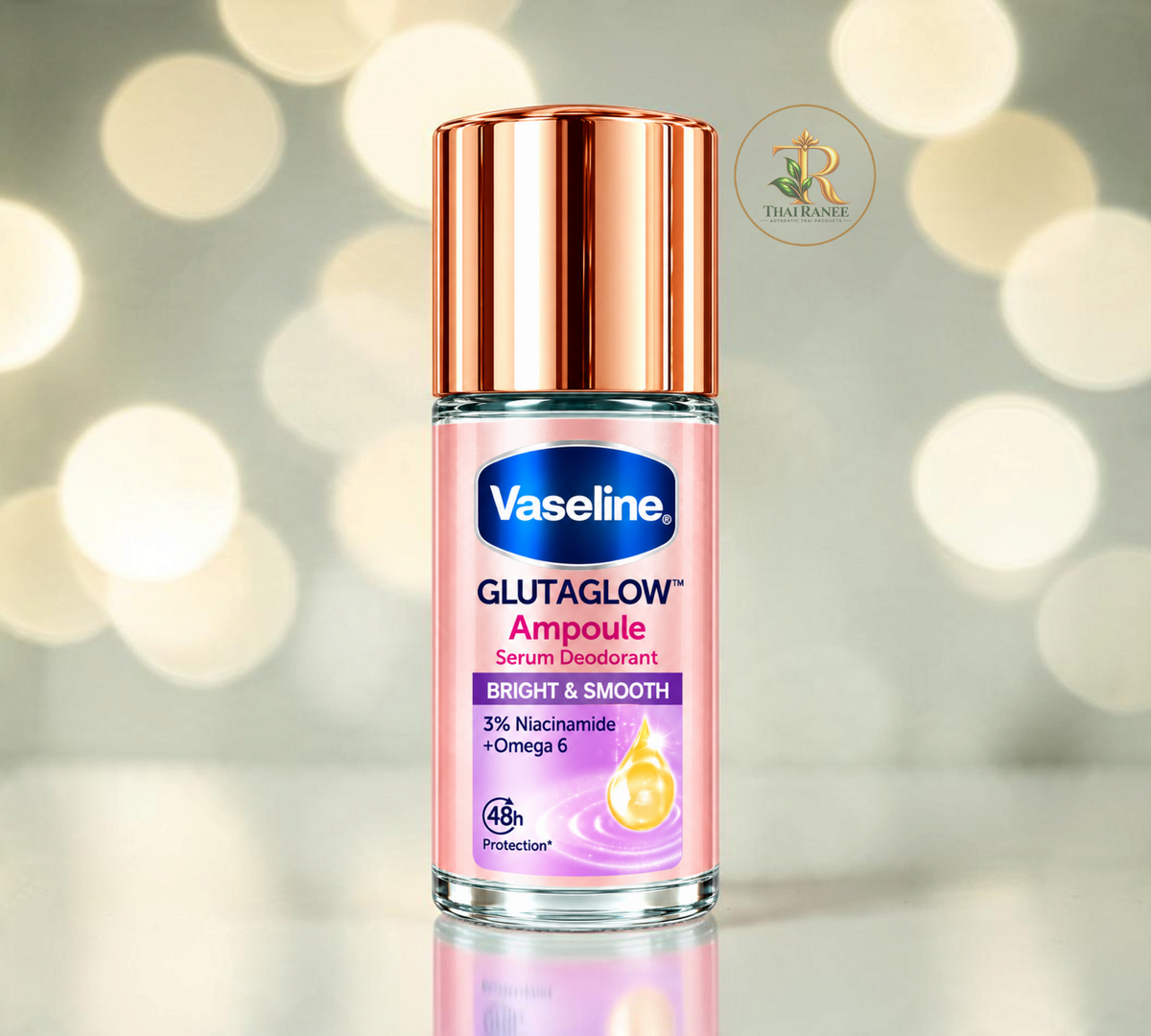 Thai Ranee Vaseline GlutaGlow Bright & Smooth serum deodorant roll-on with niacinamide and Omega-6 for underarm care
