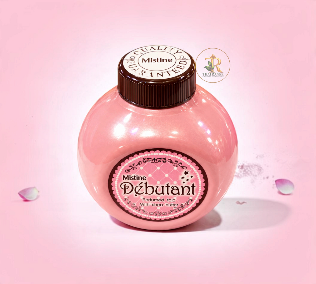 Thai Ranee Mistine Debutant perfumed body talc in a round pink bottle with shea butter and fruity floral fragrance