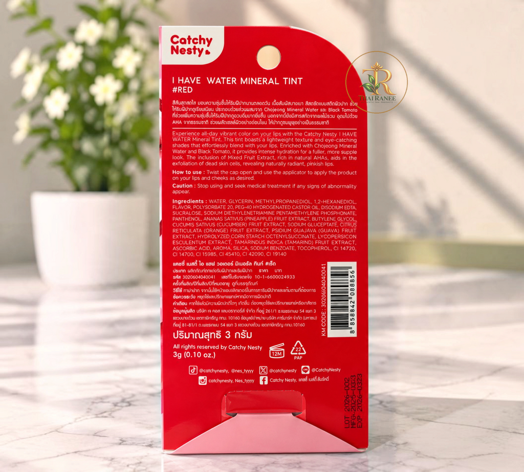Thai Ranee Catchy Nesty I Have Water Mineral Tint in Red packaging with ingredient list and product details