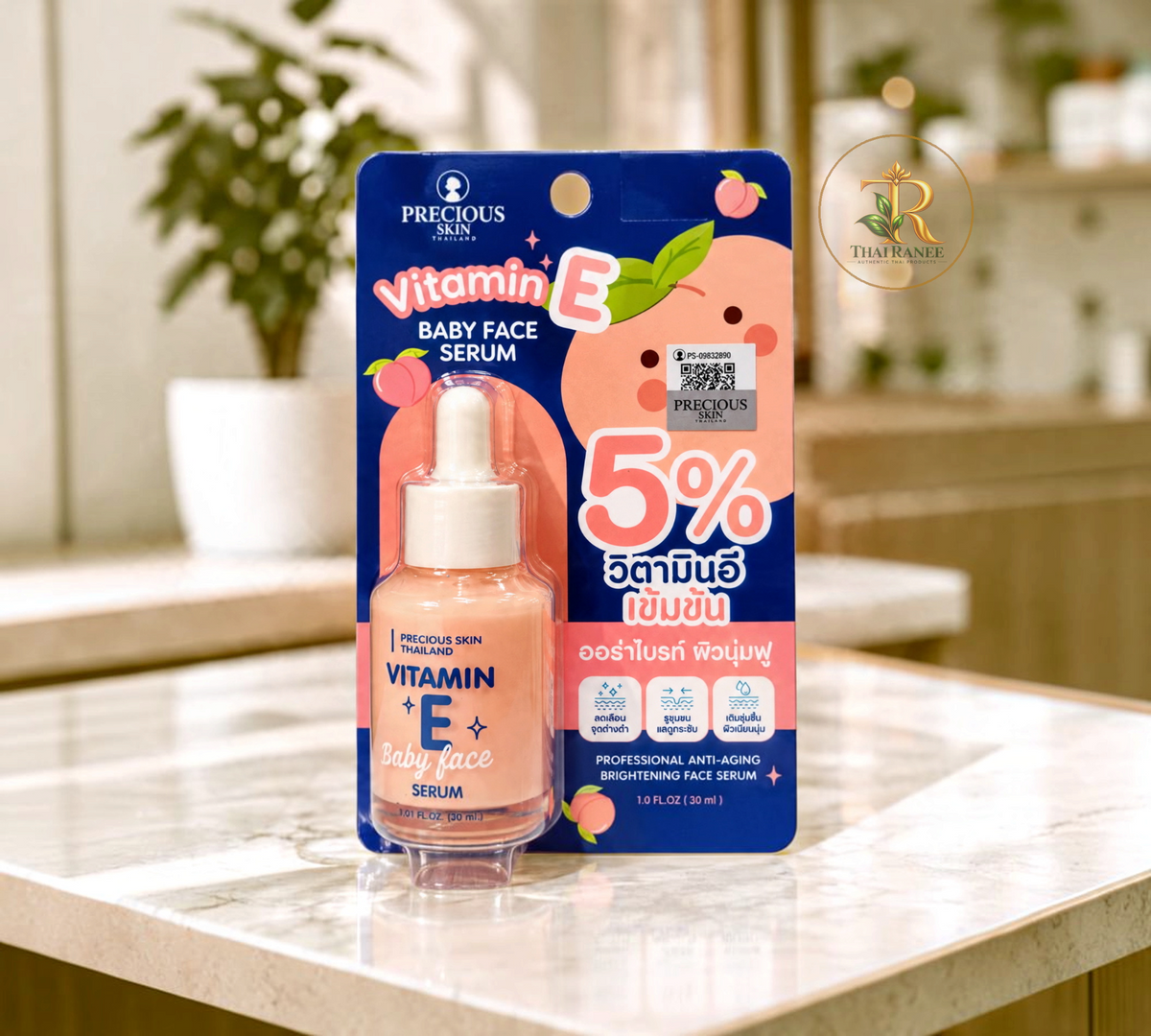 Thai Ranee Precious Skin Thailand Vitamin E Baby Face Serum 5% in peach-toned bottle with dropper packaging