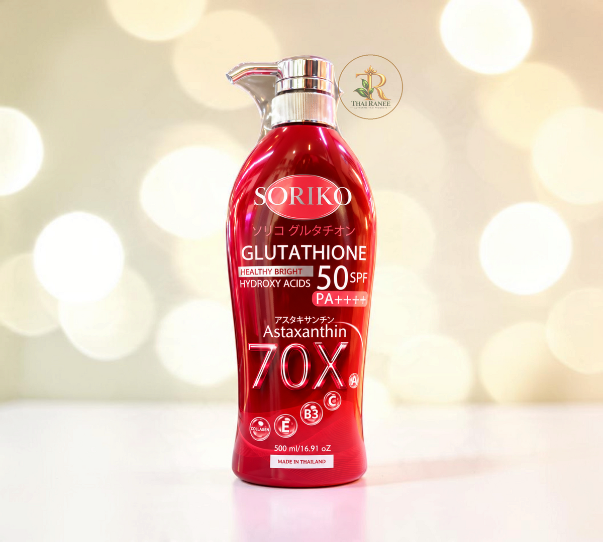 Thai Ranee SORIKO Glutathione Healthy Bright body lotion with SPF 50 in a 500ml red pump bottle.