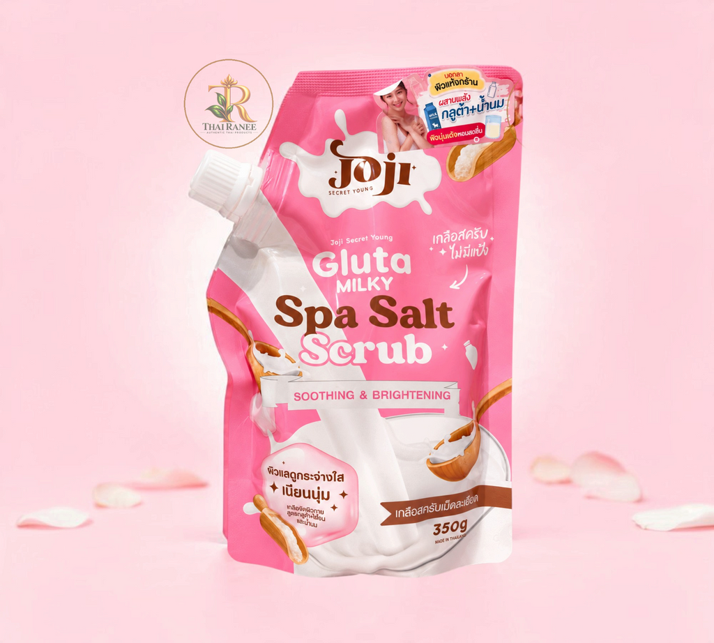Thai Ranee Joji Secret Young Gluta Milky Spa Salt Scrub in a pink 350g pouch for soothing and brightening skin.