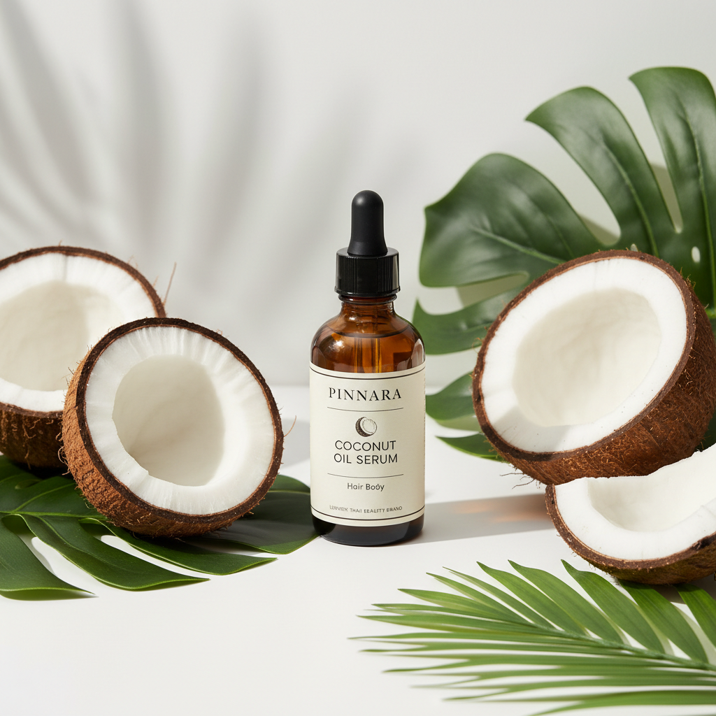 Pinnara Coconut Oil Serum 85ml with coconut and tropical leaves