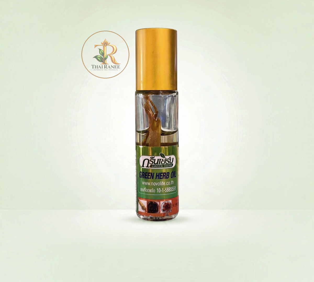 Thai Ranee Green Herb ginseng root aroma oil in a compact 8cc roll-on glass bottle with a gold cap.