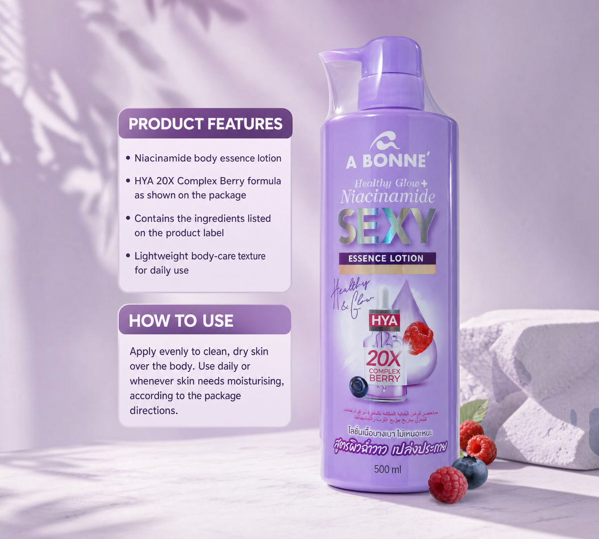 Thai Ranee A BONNE Healthy Glow Niacinamide Sexy Essence Lotion with 20X Berry Complex in a 500ml purple bottle
