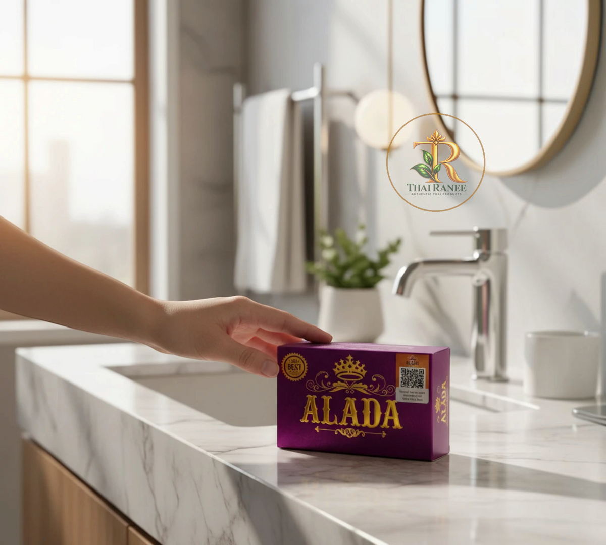 Thai Ranee ALADA natural skin brightening soap bar in purple packaging sitting on a marble bathroom vanity counter