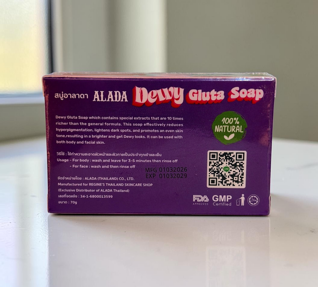Thai Ranee ALADA Dewy Gluta Soap 70g whitening bar with L-Glutathione, Collagen, and natural extracts in purple box