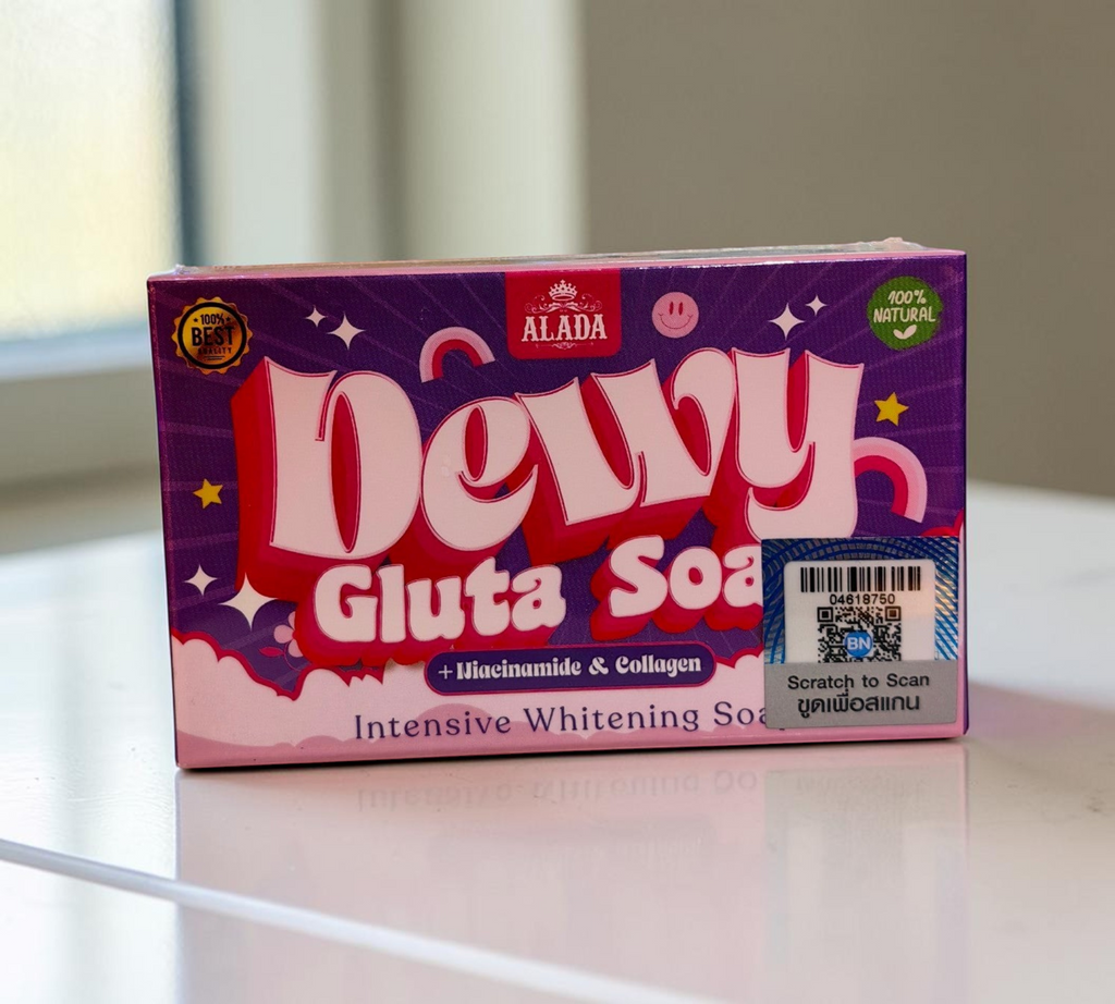 Thai Ranee ALADA Dewy Gluta Soap bar in purple and pink packaging with whitening and anti-aging ingredients