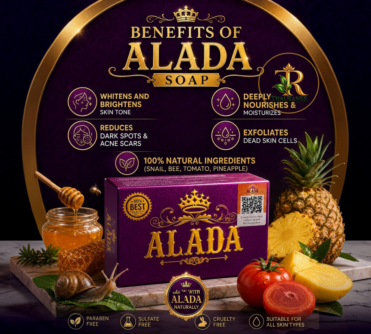 Thai Ranee ALADA Instant Whitening Soap box featuring natural ingredients like snail, honey, tomato, and pineapple.