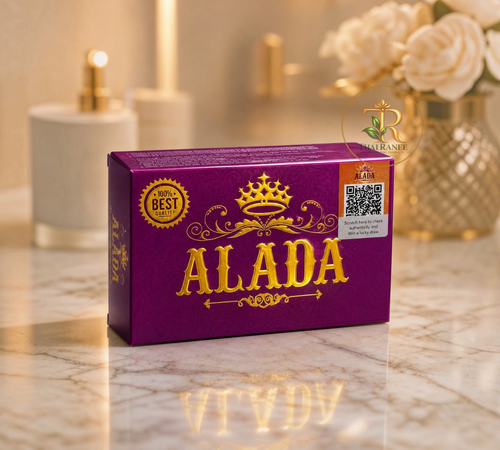 Thai Ranee ALADA Instant Whitening Soap 160g in a purple box with gold crown logo on a marble surface
