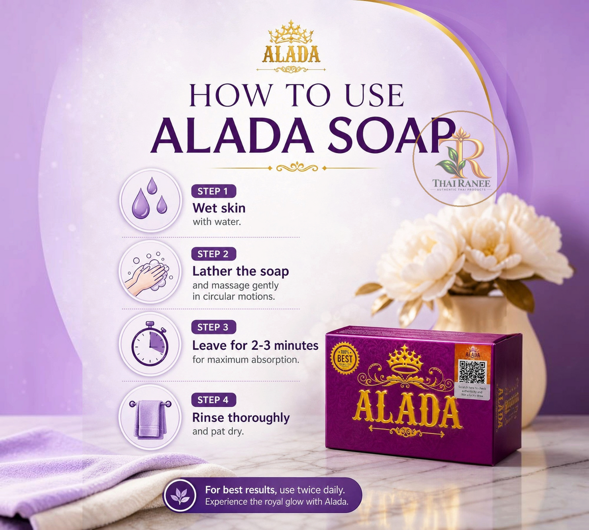 Thai Ranee ALADA Instant Whitening Soap box with a step-by-step usage guide for face and body skincare