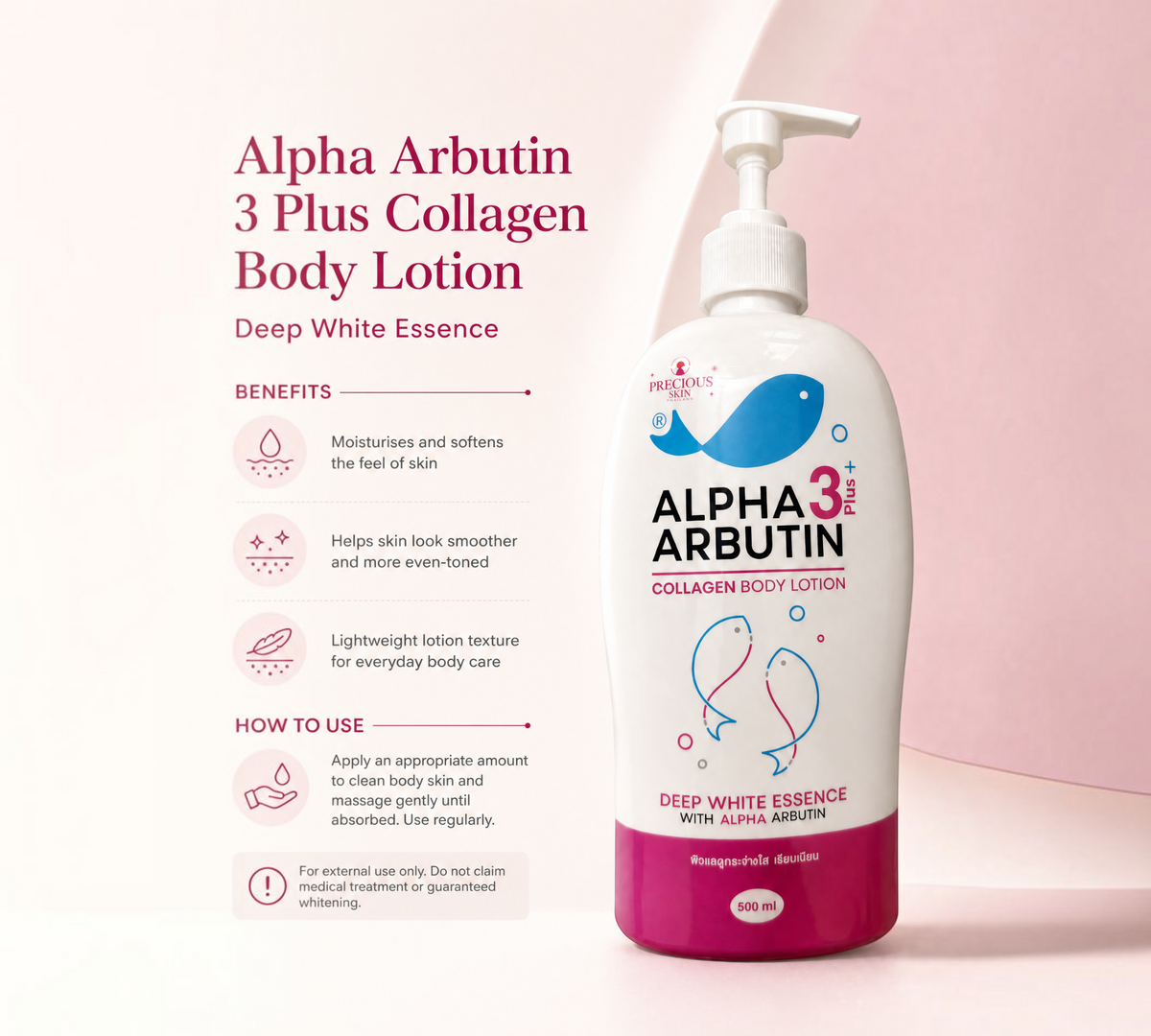 Thai Ranee Precious Skin Thailand Alpha Arbutin 3 Plus Collagen Body Lotion in a 500ml pump bottle
