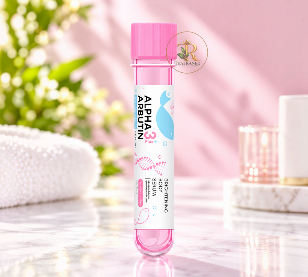 Thai Ranee Precious Skin Thailand Alpha Arbutin Collagen Body Serum in a clear pink tube on a marble surface.