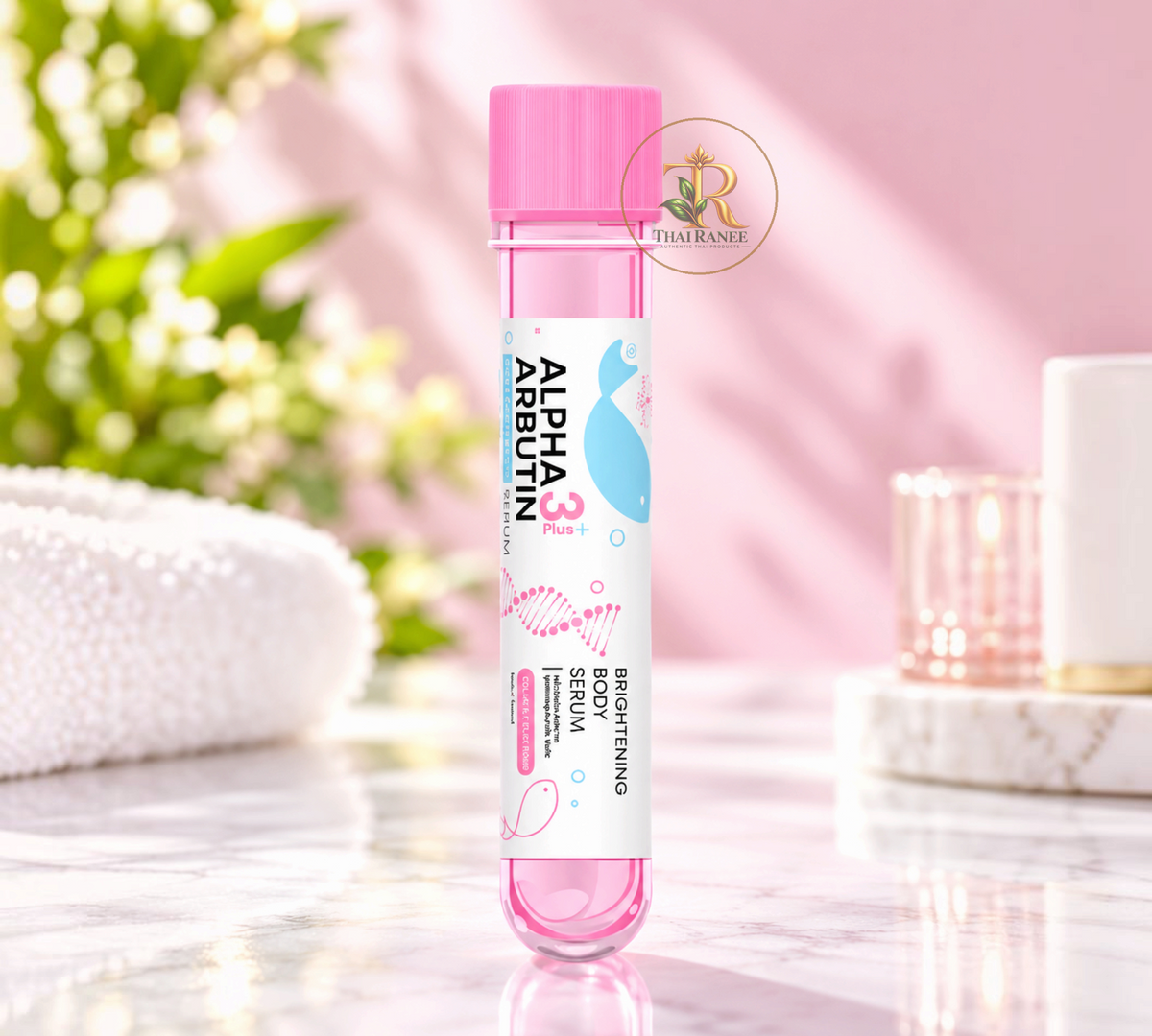 Thai Ranee Precious Skin Thailand Alpha Arbutin Collagen Body Serum in a clear pink tube on a marble surface.